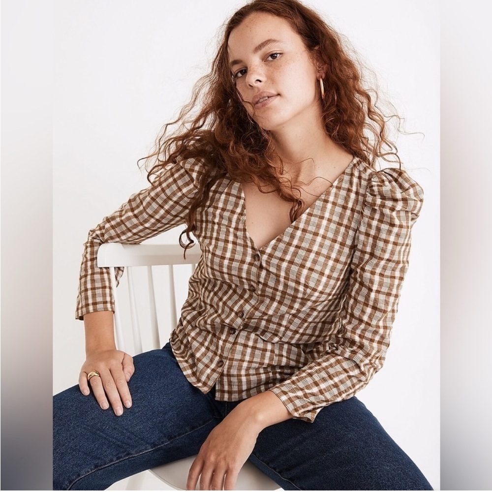 MADEWELL Westover Sandown in weathered olive plaid shirt sz 2 FLAW READ DESC